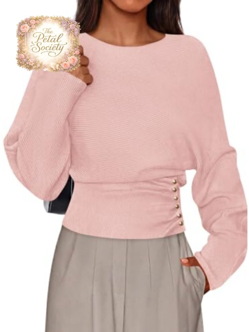Batwing Sleeve Ribbed Knit Pullover Sweater Crew Neck Women